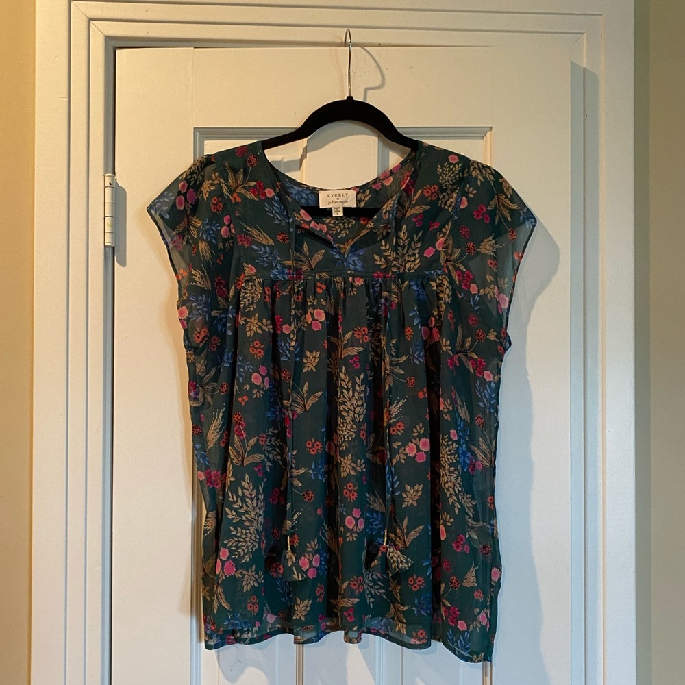 Francesca’s Green Floral Blouse with tassel tie